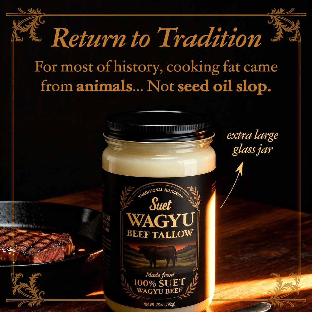 Room-temperature storage of Traditional Nutrients Wagyu tallow in a sealed jar.