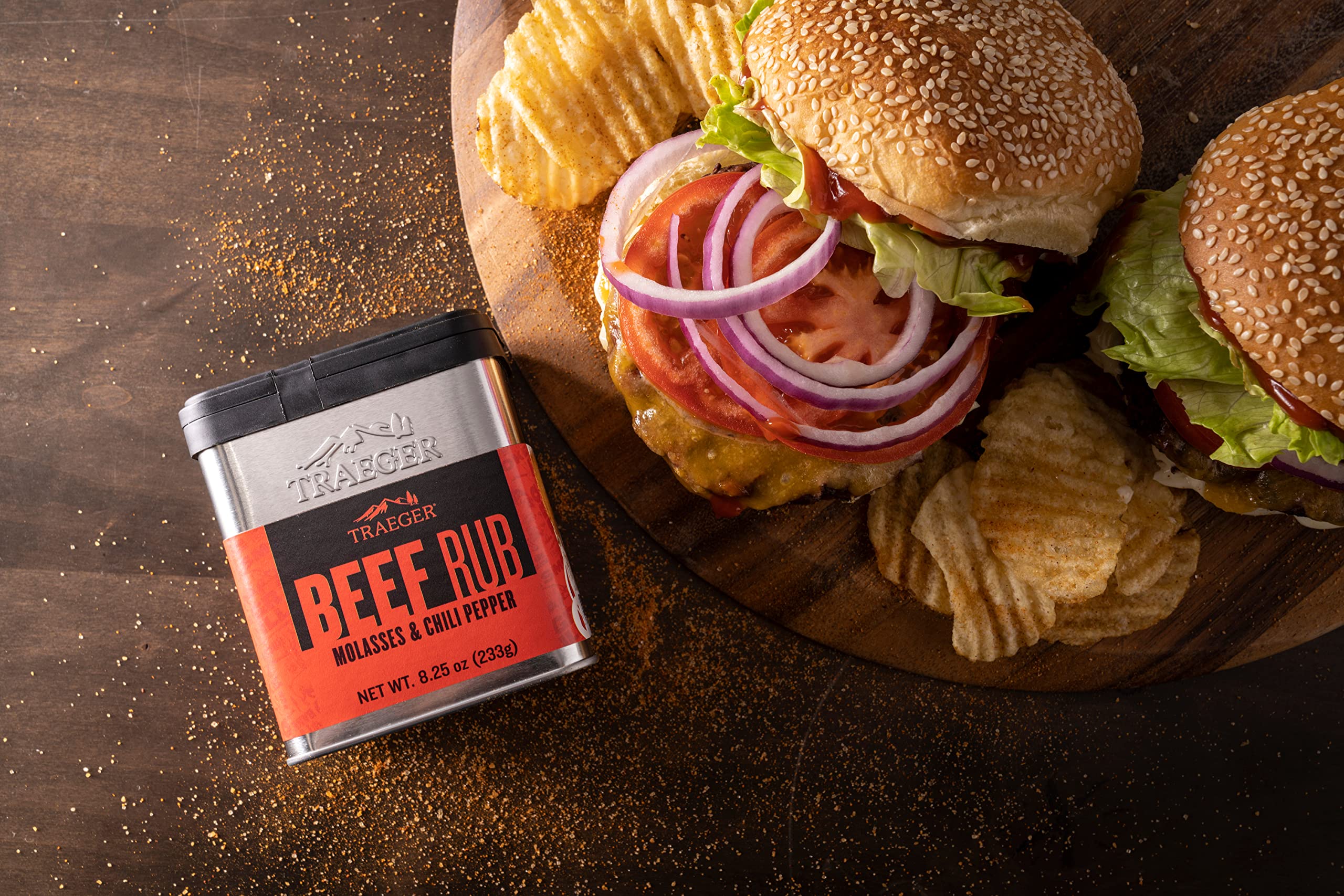 Traeger Beef Rub kitchen counter shot hints at versatile beef seasoning.