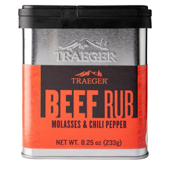 Traeger Beef Rub tin front label showcases bold molasses-chili flavor for beef.