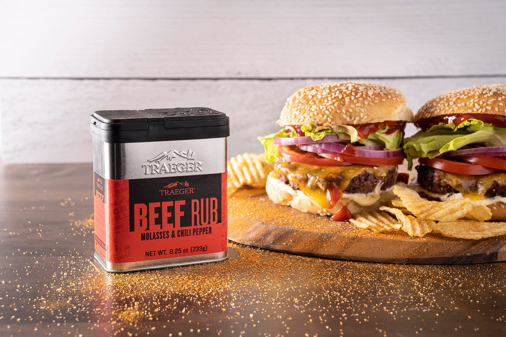 Traeger Beef Rub tin-packaging stacks neatly on shelf for easy storage.