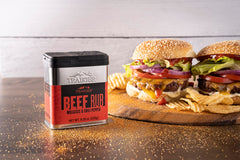 Traeger Beef Rub tin-packaging stacks neatly on shelf for easy storage.