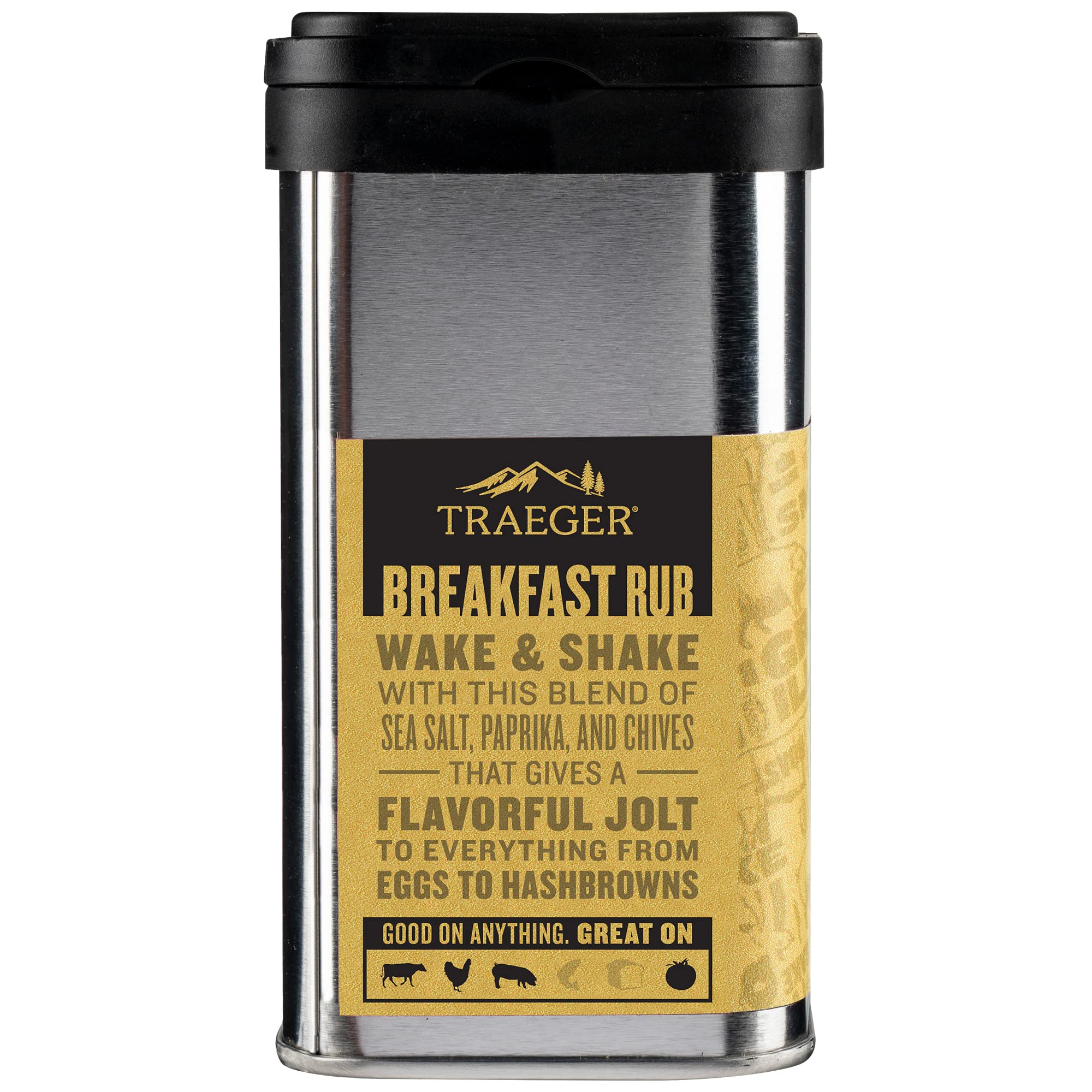 Traeger Breakfast Rub on skillet with eggs and hash browns, highlighting savory salt and paprika.