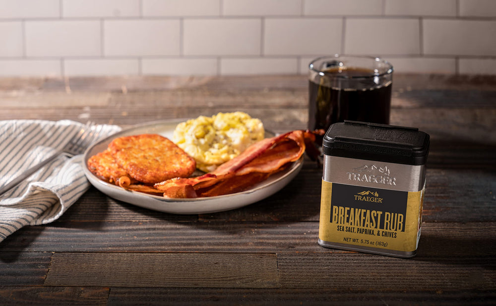 Traeger Breakfast Rub tin on counter emphasizes convenient stackable packaging.