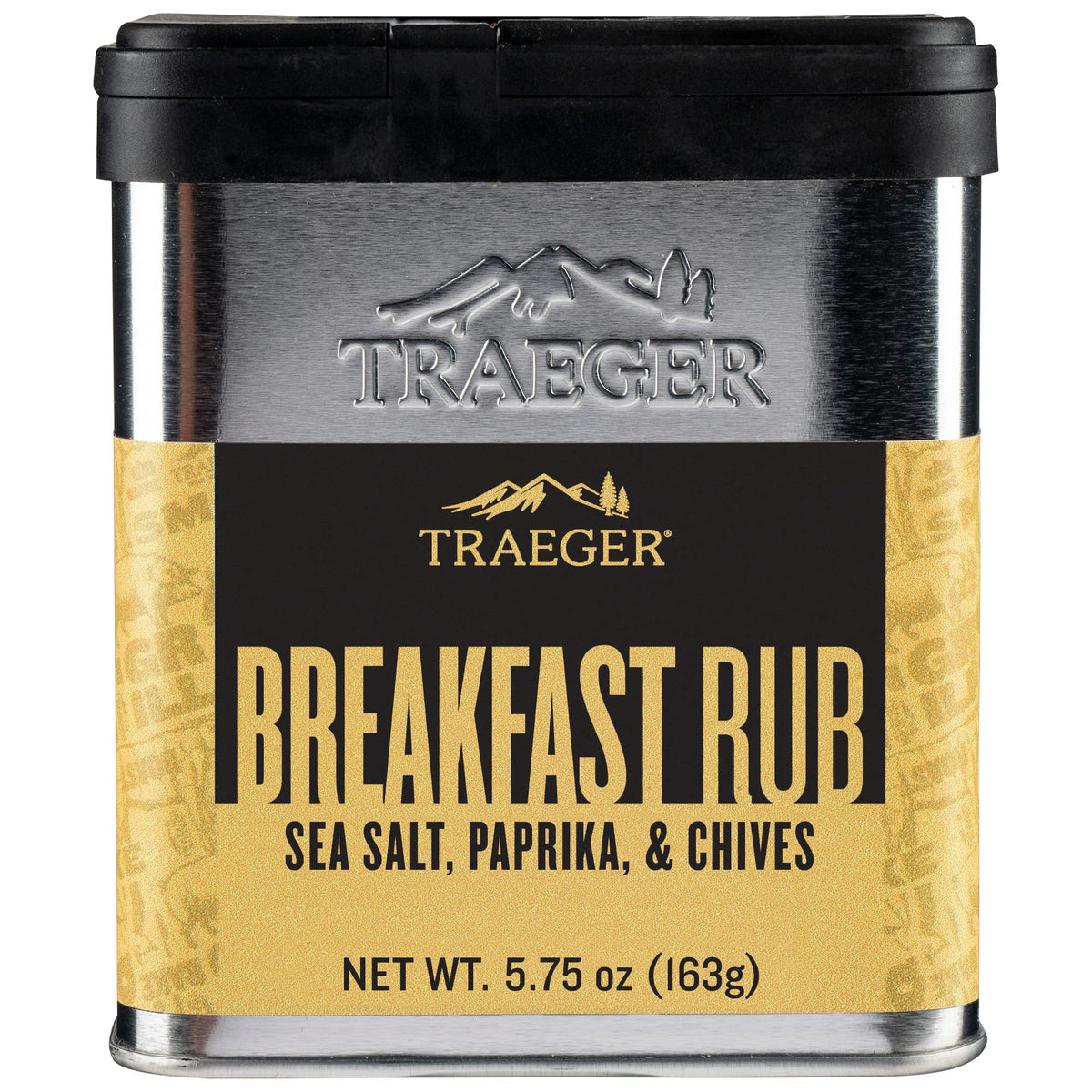 Traeger Breakfast Rub tin pack shot highlighting paprika and garlic flavor for breakfast favorites.