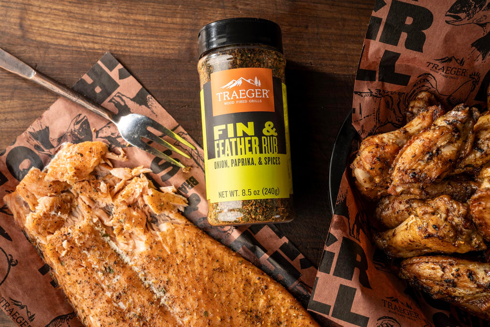 Traeger Fin and Feather Rub 8.5 oz shaker shown in product shot.