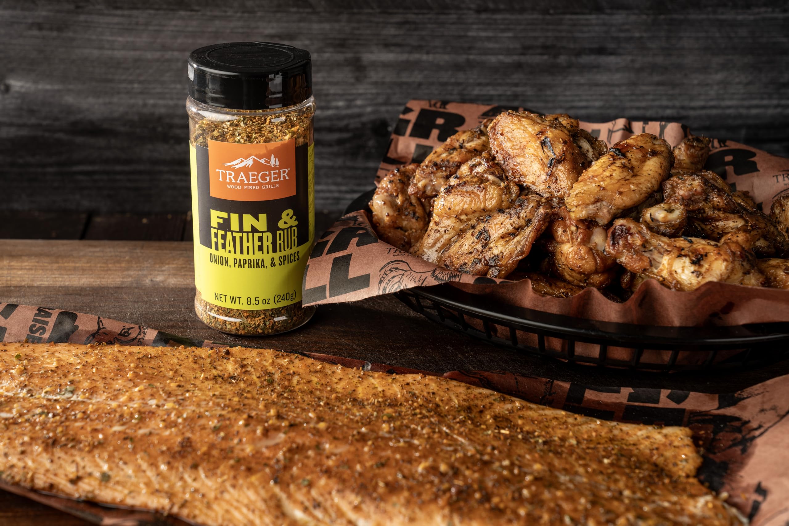 Traeger Fin and Feather Rub gluten-free formula shown on packaging.