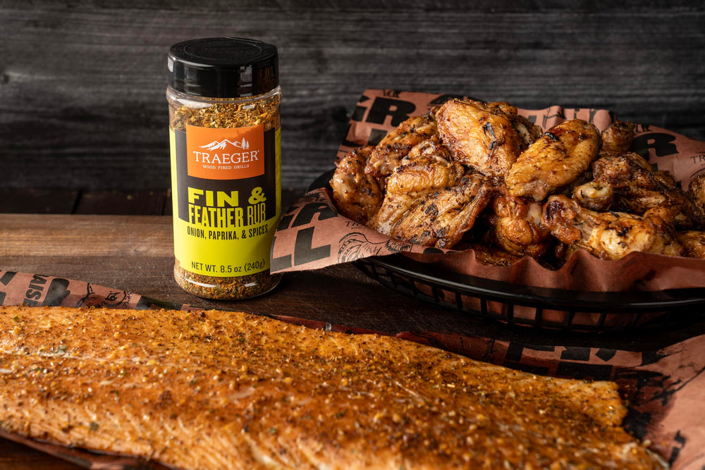Traeger Fin and Feather Rub gluten-free formula shown on packaging.