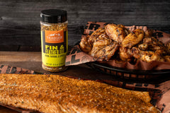 Traeger Fin and Feather Rub gluten-free formula shown on packaging.