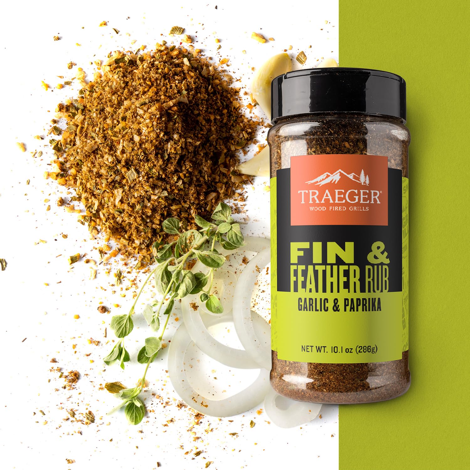 Traeger Fin and Feather Rub kosher-certified seasoning label visible.