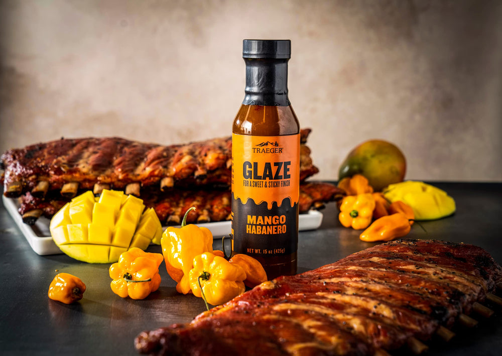 Traeger Mango Habanero Glaze on salmon finishes with gloss and aroma