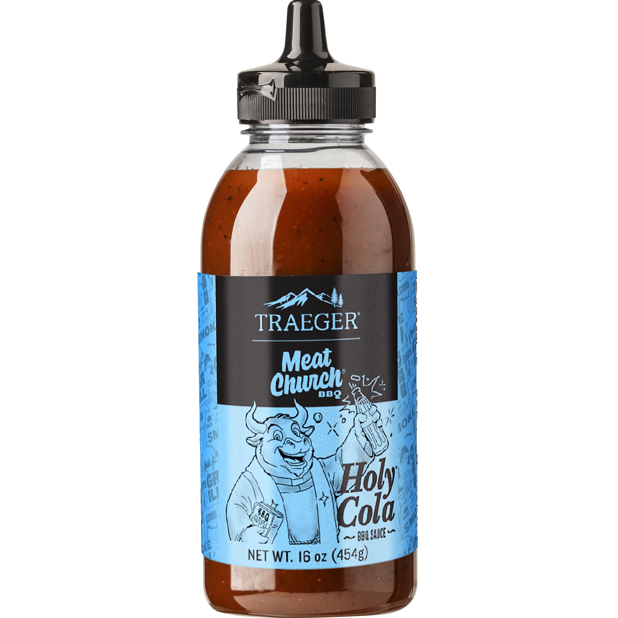 Traeger Meat Church Holy Cola BBQ Sauce bottle ready to glaze ribs