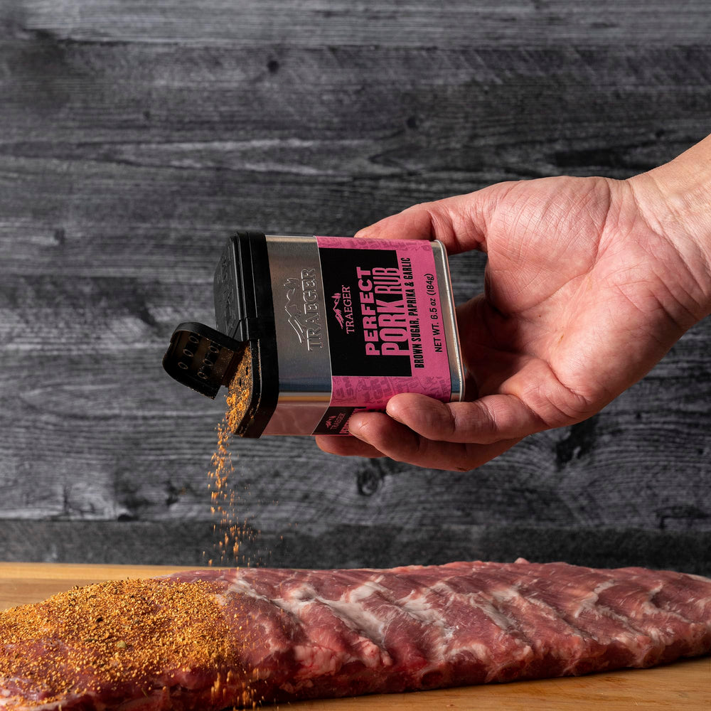Traeger Perfect Pork Rub label highlights kosher ingredients and 6.5oz tin.