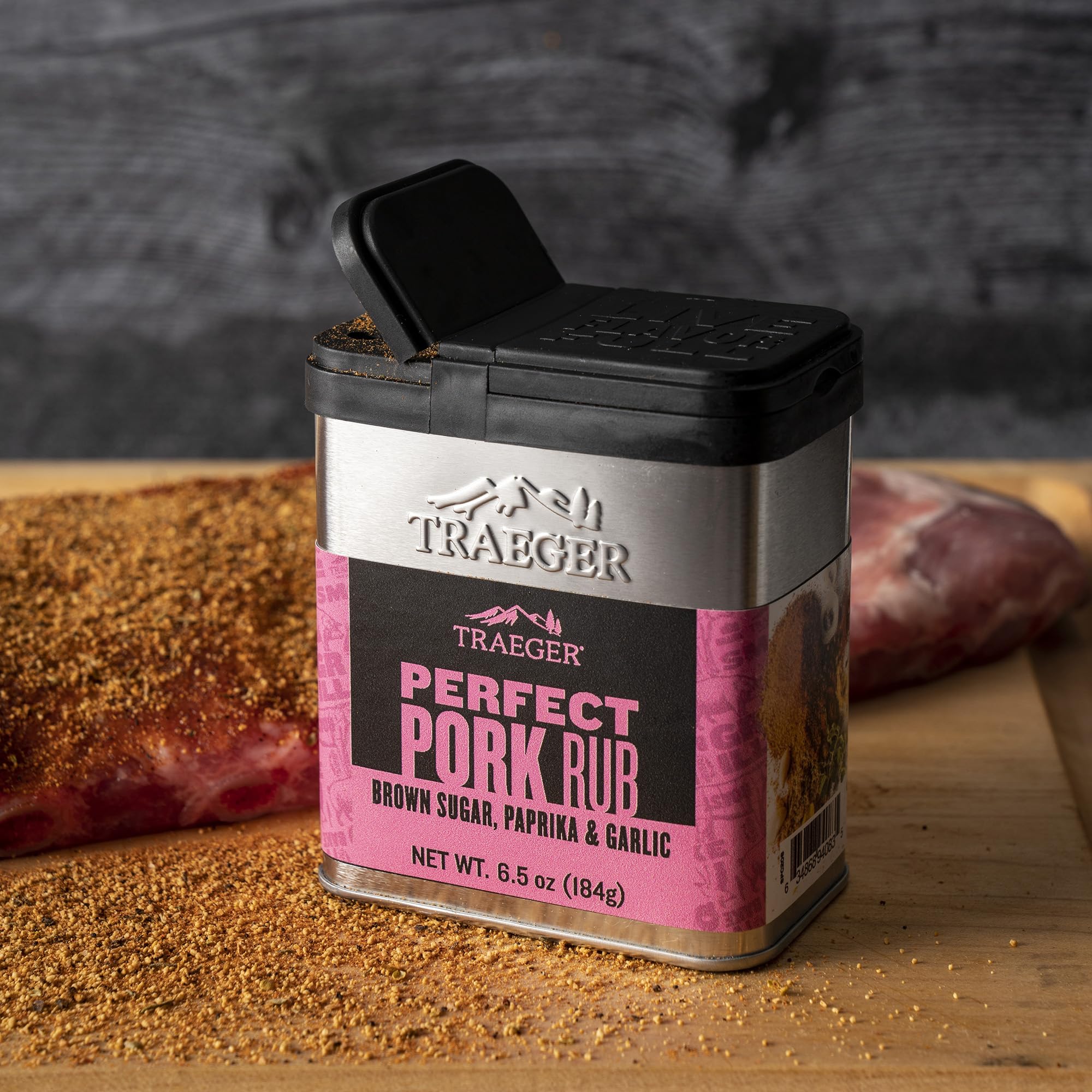 Traeger Perfect Pork Rub on grilled pork chops with a savory aroma.
