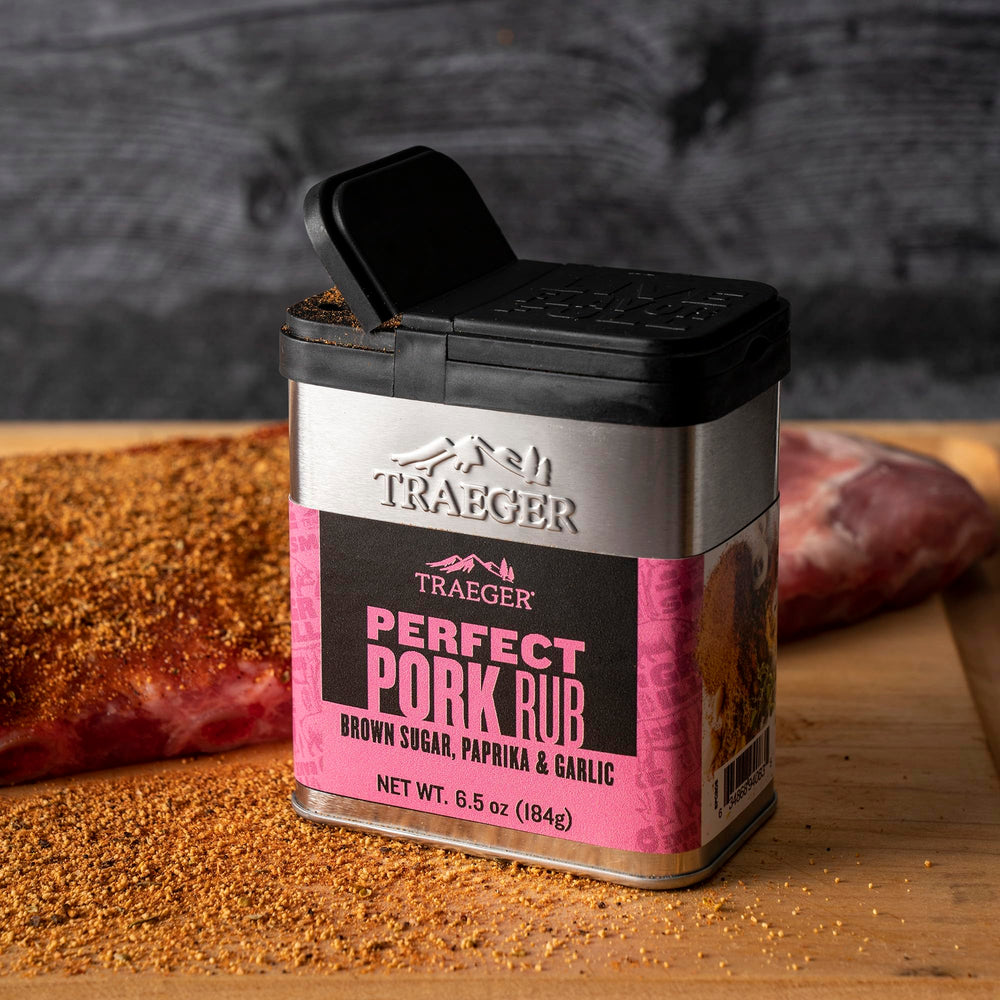Traeger Perfect Pork Rub on grilled pork chops with a savory aroma.