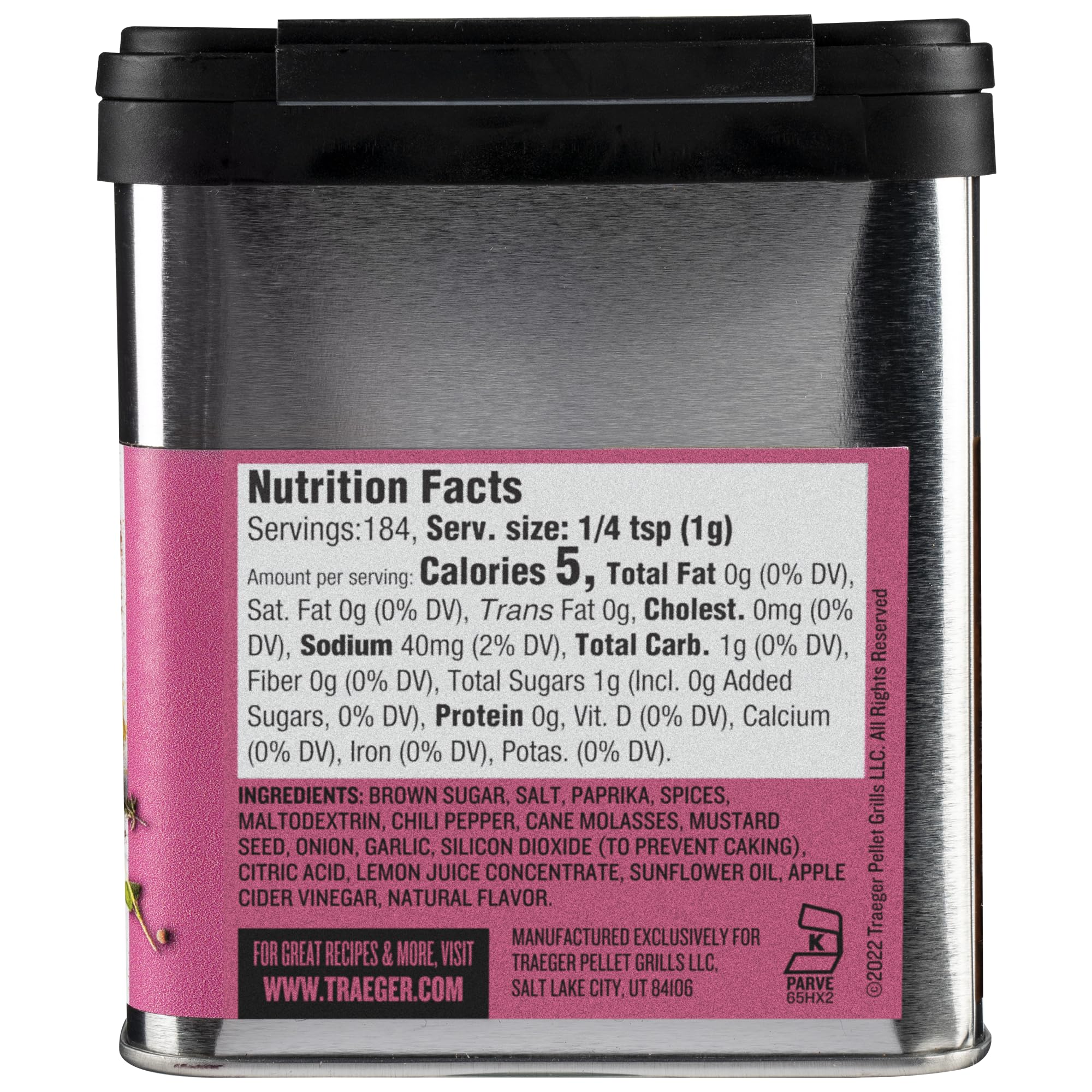 Traeger Perfect Pork Rub tin back reveals ingredients and kosher certification.