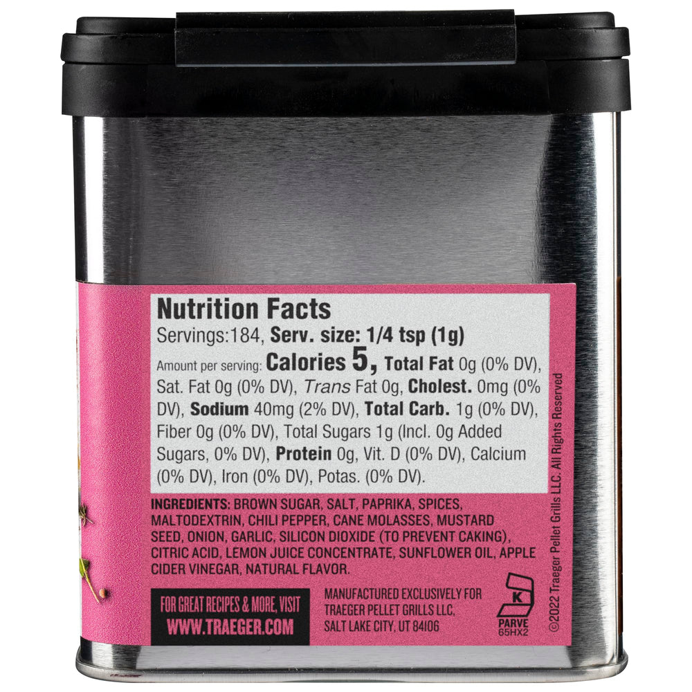 Traeger Perfect Pork Rub tin back reveals ingredients and kosher certification.