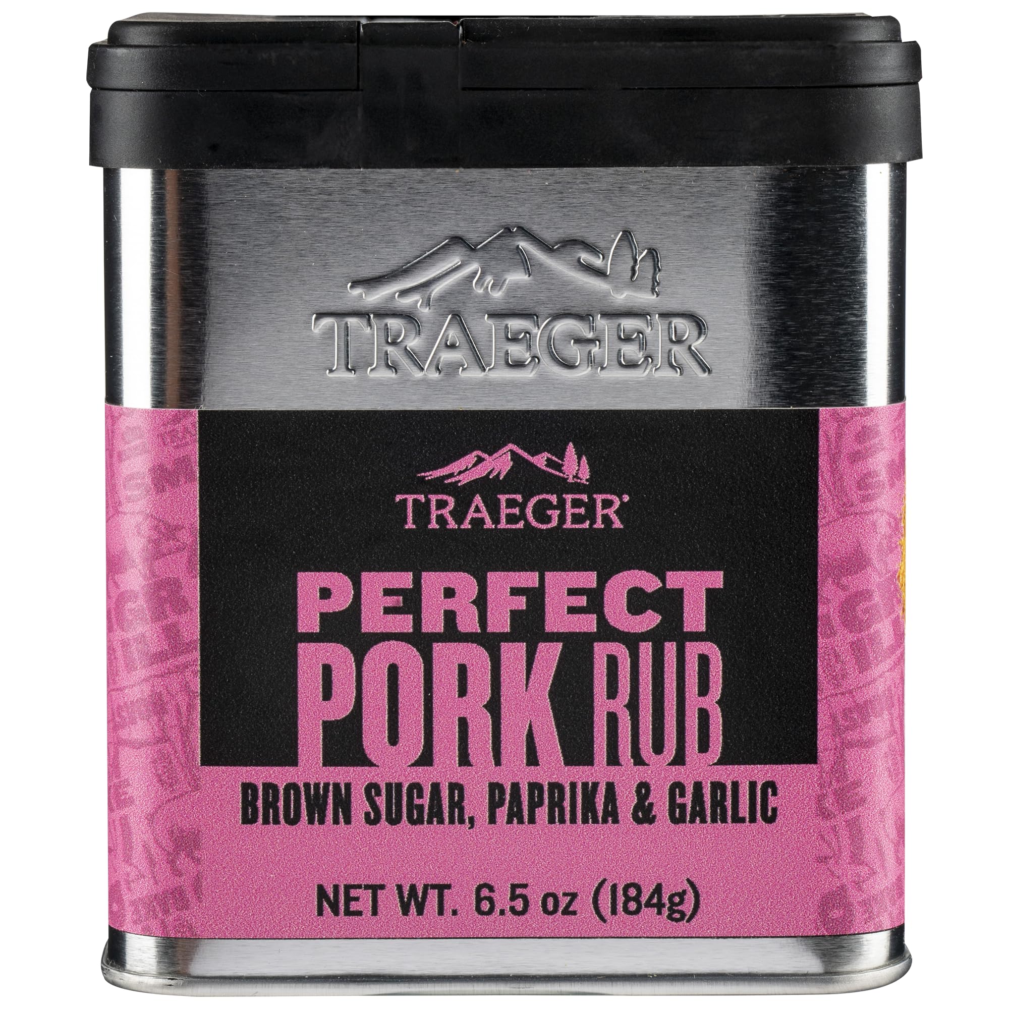Traeger Perfect Pork Rub tin front with brown sugar and spice blend for pork flavor.