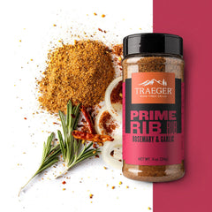Traeger Prime Rib Rub on a grill cooking prime rib for an even, flavorful crust