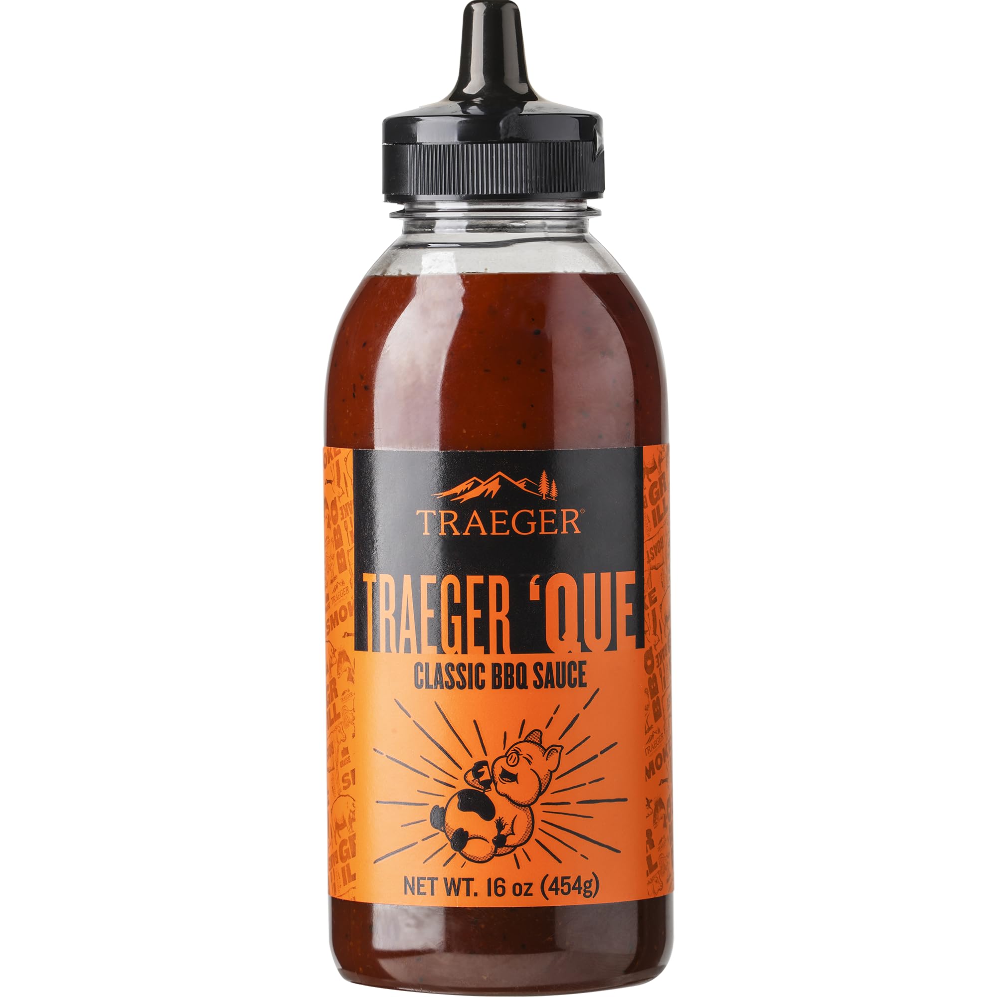 Traeger Que BBQ Sauce bottle ready to glaze succulent ribs and chicken.