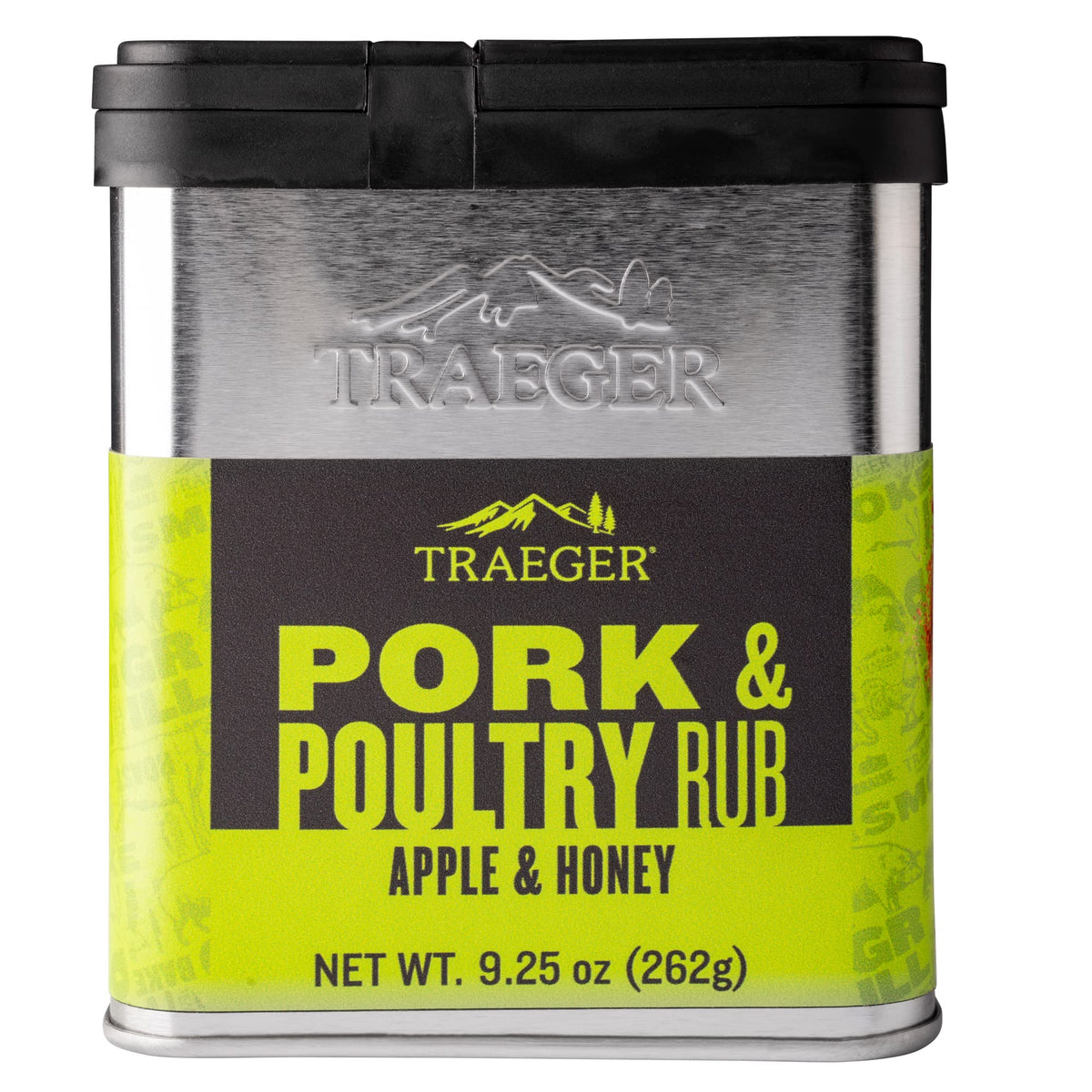 Traeger Rub Pork & Poultry jar closeup highlighting premium blend for flavorful grilling.