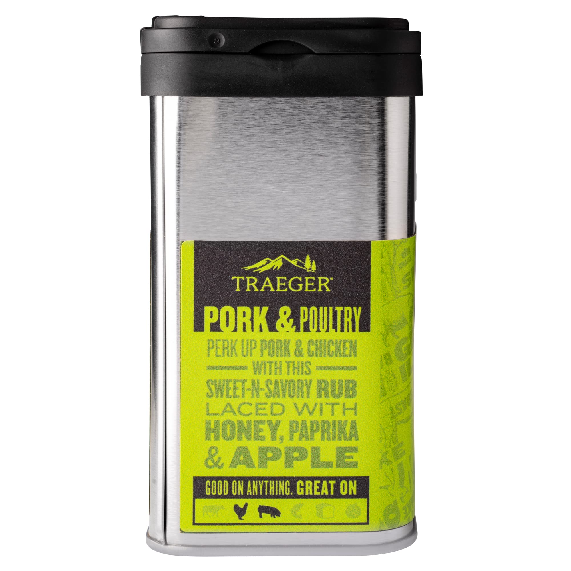 Traeger Rub Pork & Poultry pouring rub to season pork or chicken.