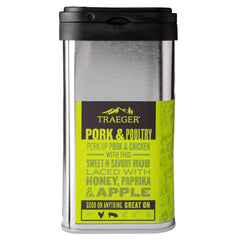 Traeger Rub Pork & Poultry pouring rub to season pork or chicken.