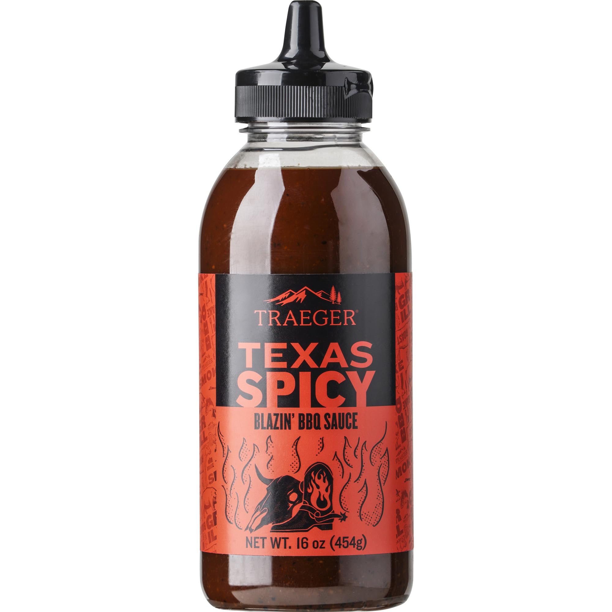 Traeger Texas Spicy BBQ Sauce bottle front view highlights peppery flavor for grilling