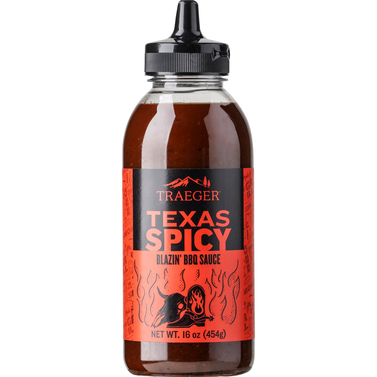 Traeger Texas Spicy BBQ Sauce bottle front view highlights peppery flavor for grilling