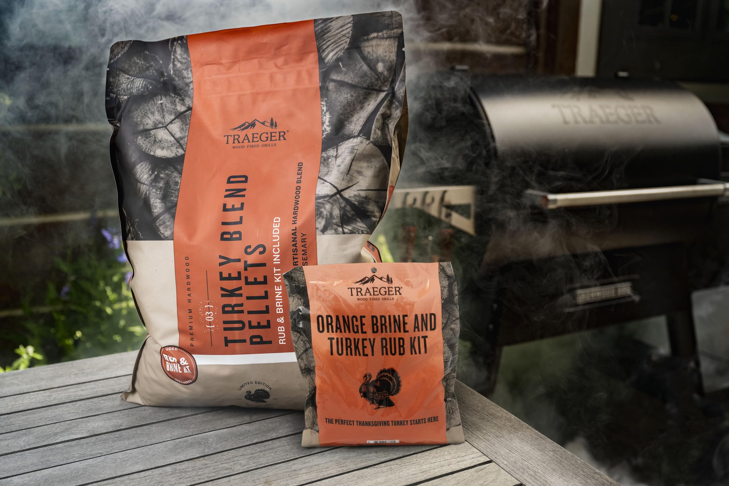 Traeger turkey brine rub application showing year-round poultry seasoning.