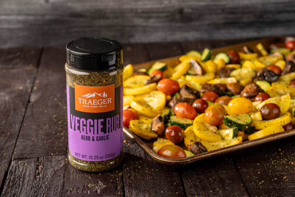 Traeger Veggie Rub jar label shows kosher and gluten-free notes