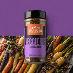 Traeger Veggie Rub spice sprinkle over colorful veggies on grill