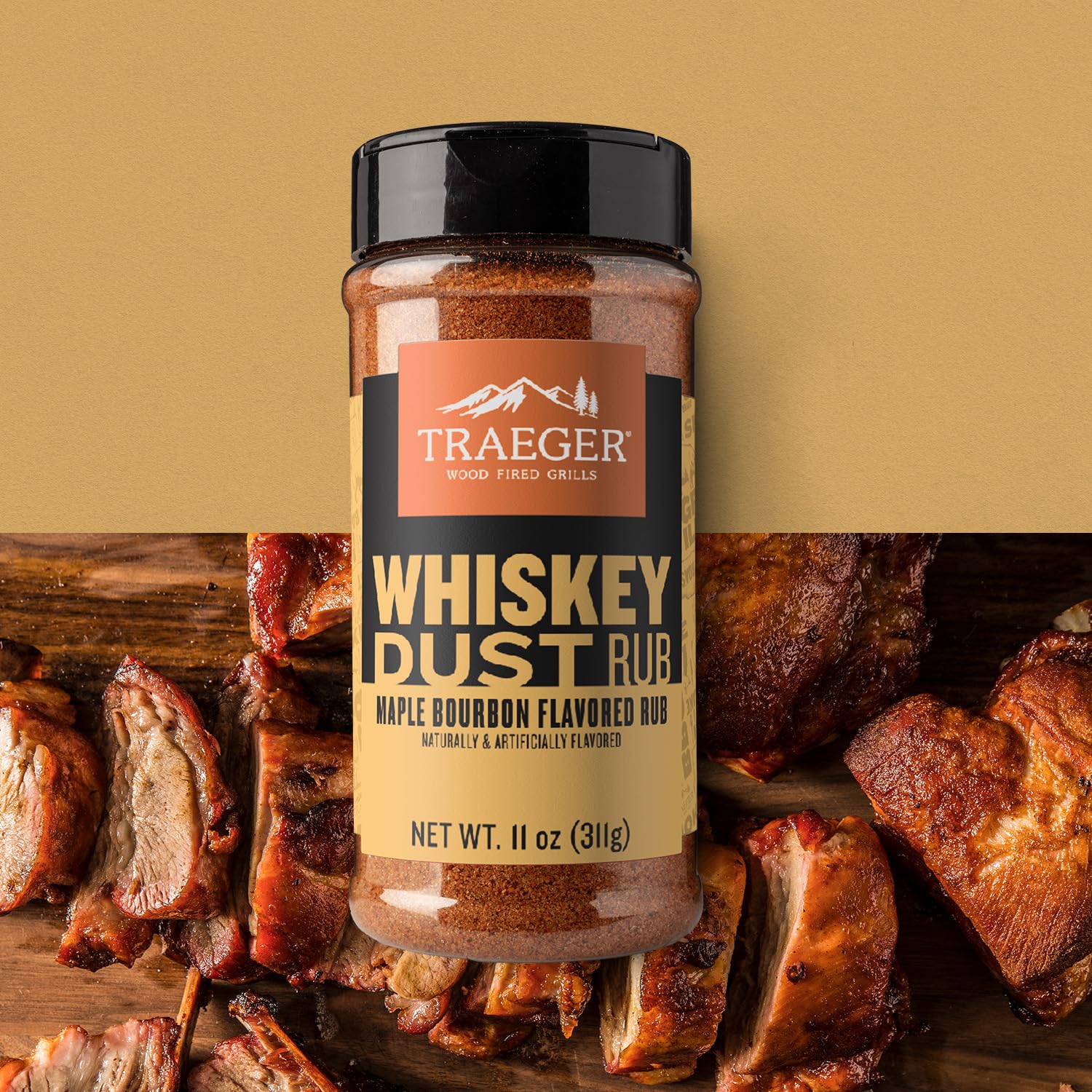Traeger Whiskey Dust Rub spice bowl for grilling with gluten-free seasoning.