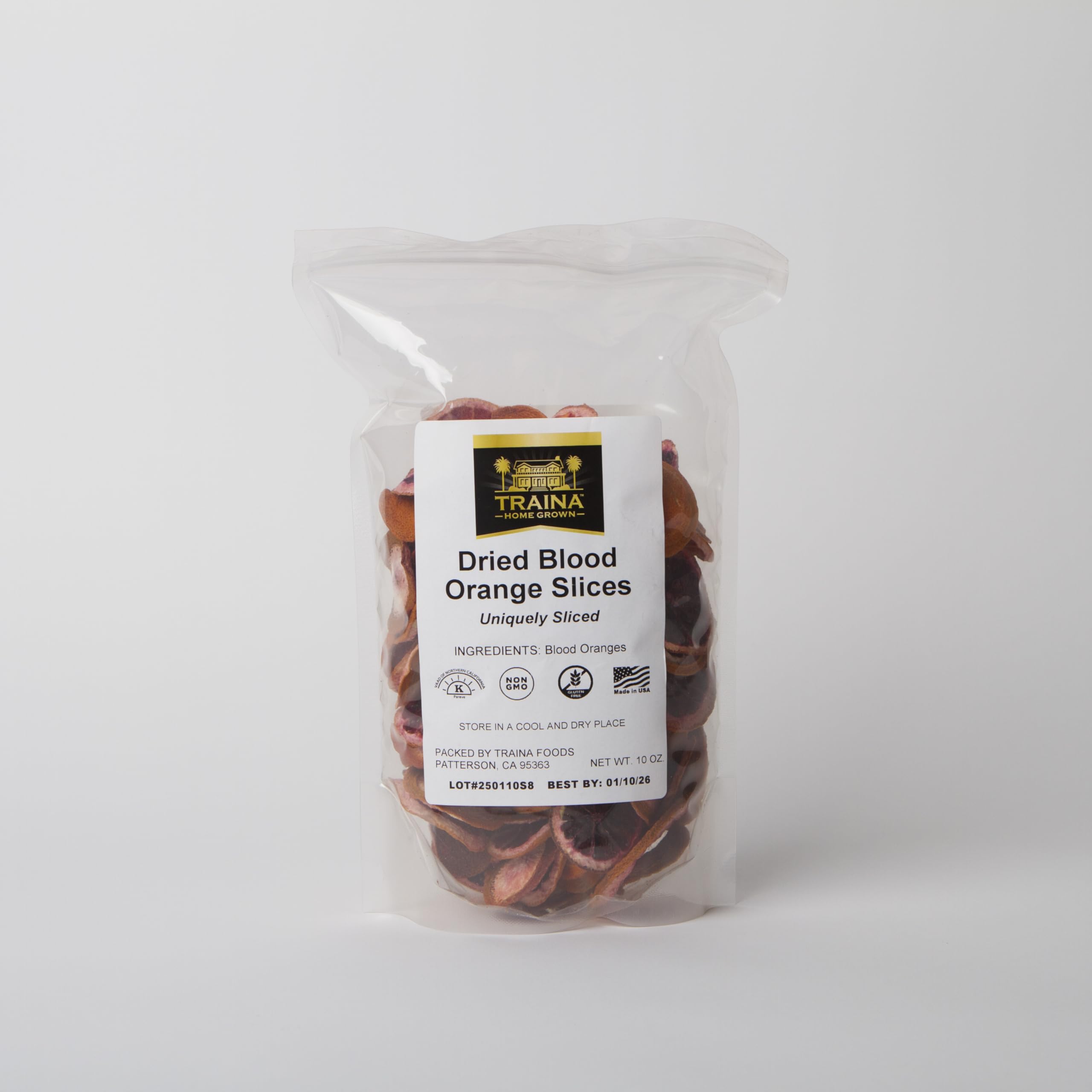 Traina Blood Orange Slices bag front view, gluten-free and kosher-certified fruit for recipes.