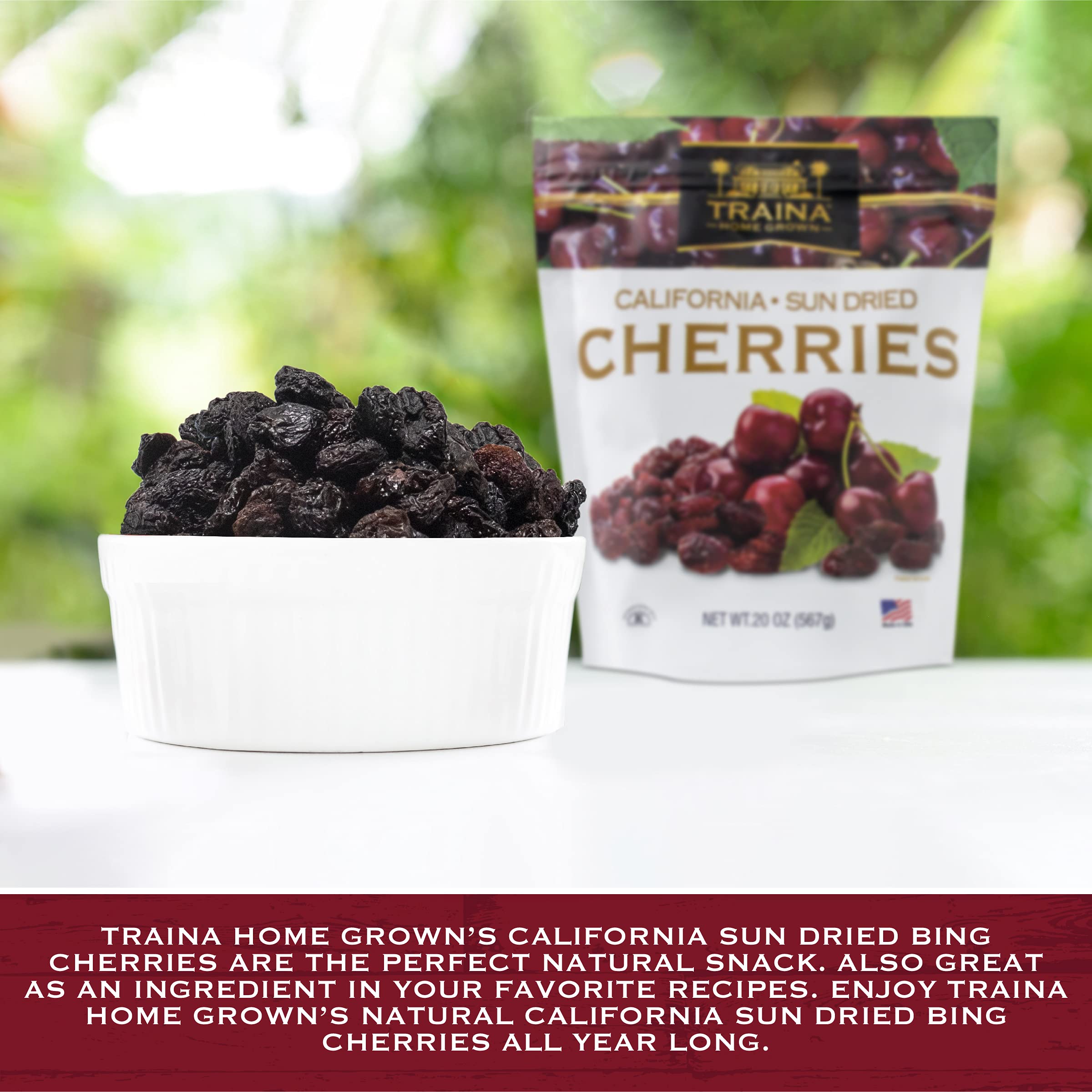 Traina Sun Dried Bing Cherries beside granola for a flavorful snack mix.