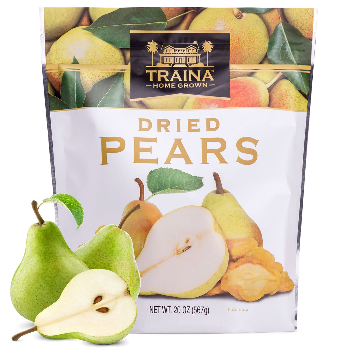 Traina Home Grown Sun Dried Pears bag front, premium no sugar added for on-the-go snacking.