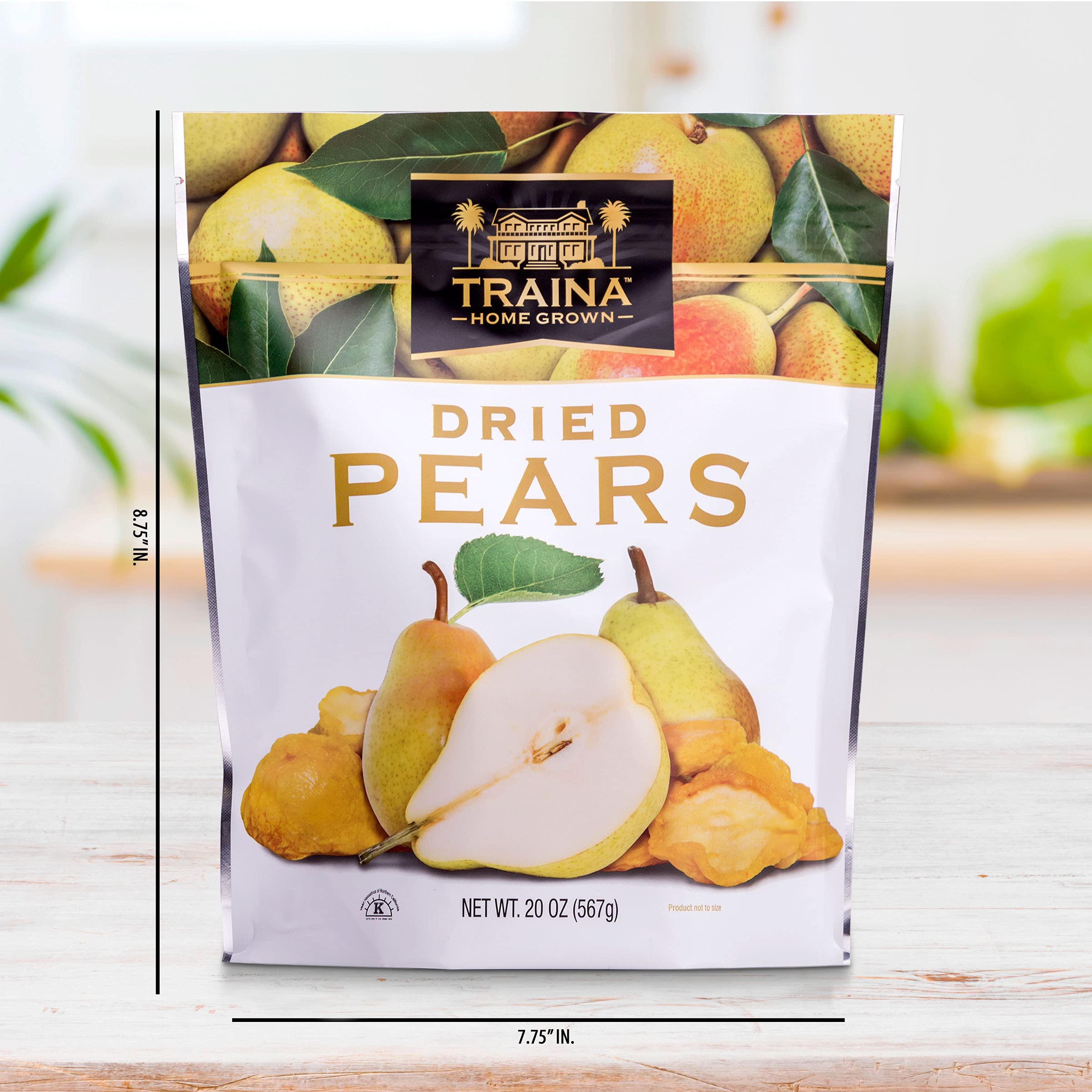 Open resealable pouch of Traina Sun Dried Pears showing freshness and convenience.