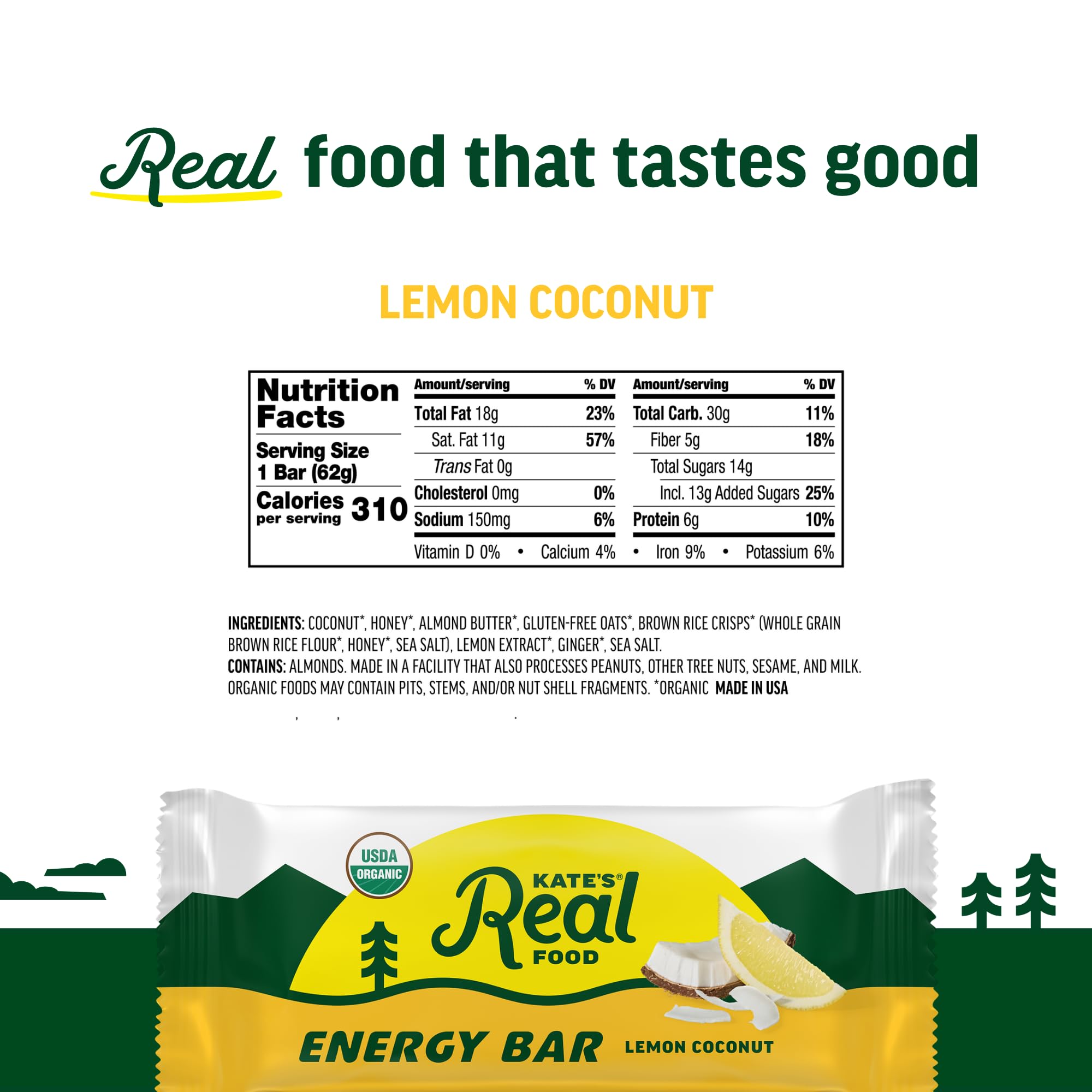 Kate's Real Food Lemon Coconut bar close-up with oats and almond butter showing natural ingredients