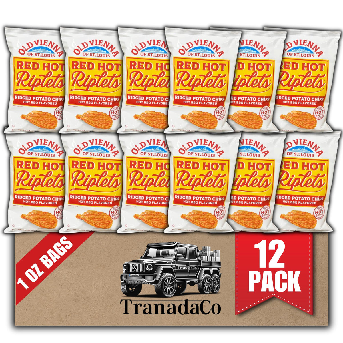 TranadaCo Red Hot Riplets chips 1oz bag close-up ridged texture for crunchy snacking.