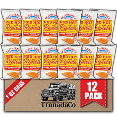 TranadaCo Red Hot Riplets chips 1oz bag close-up ridged texture for crunchy snacking.