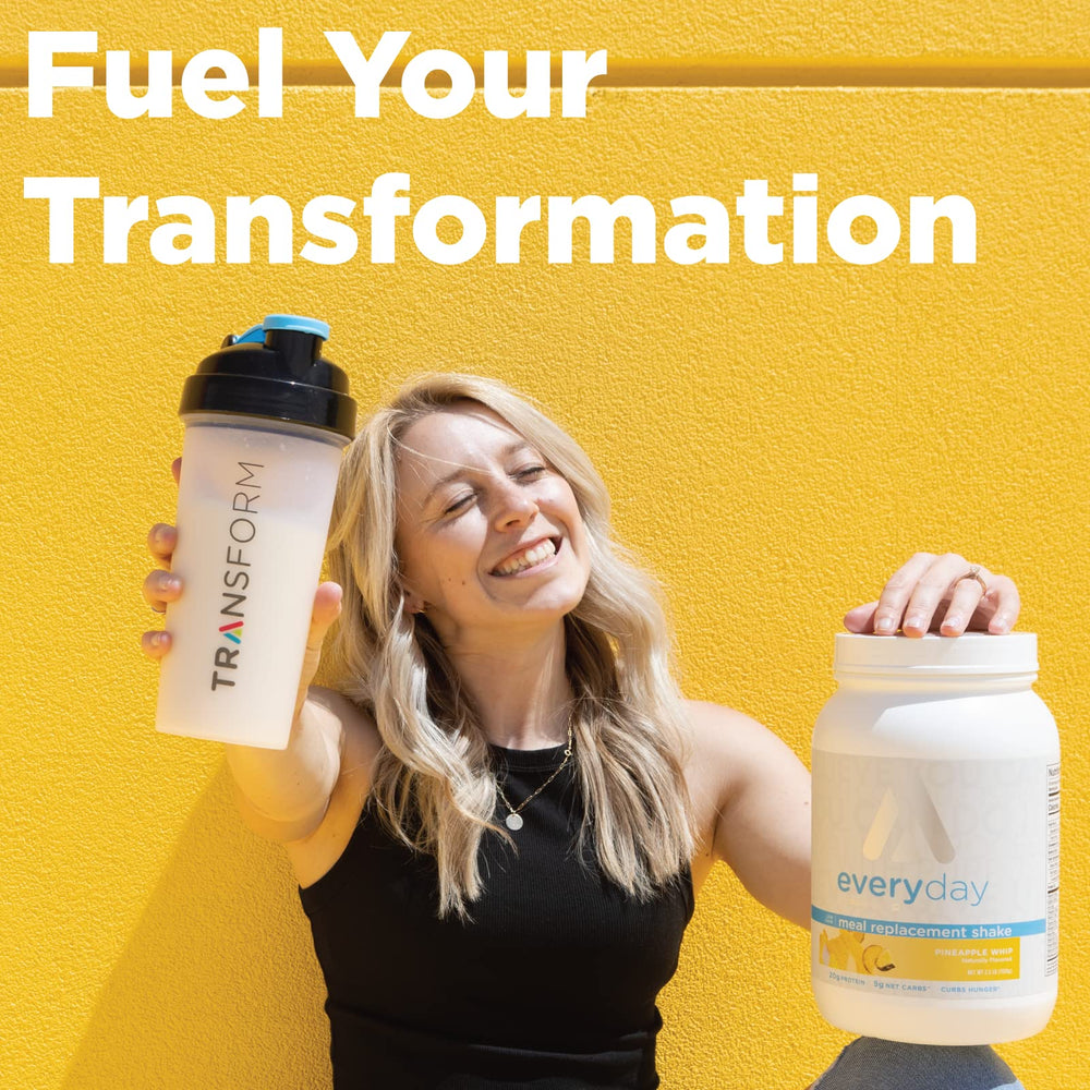 TransformHQ Kitchen setup highlights gluten-free, non-GMO meal option ready to blend.