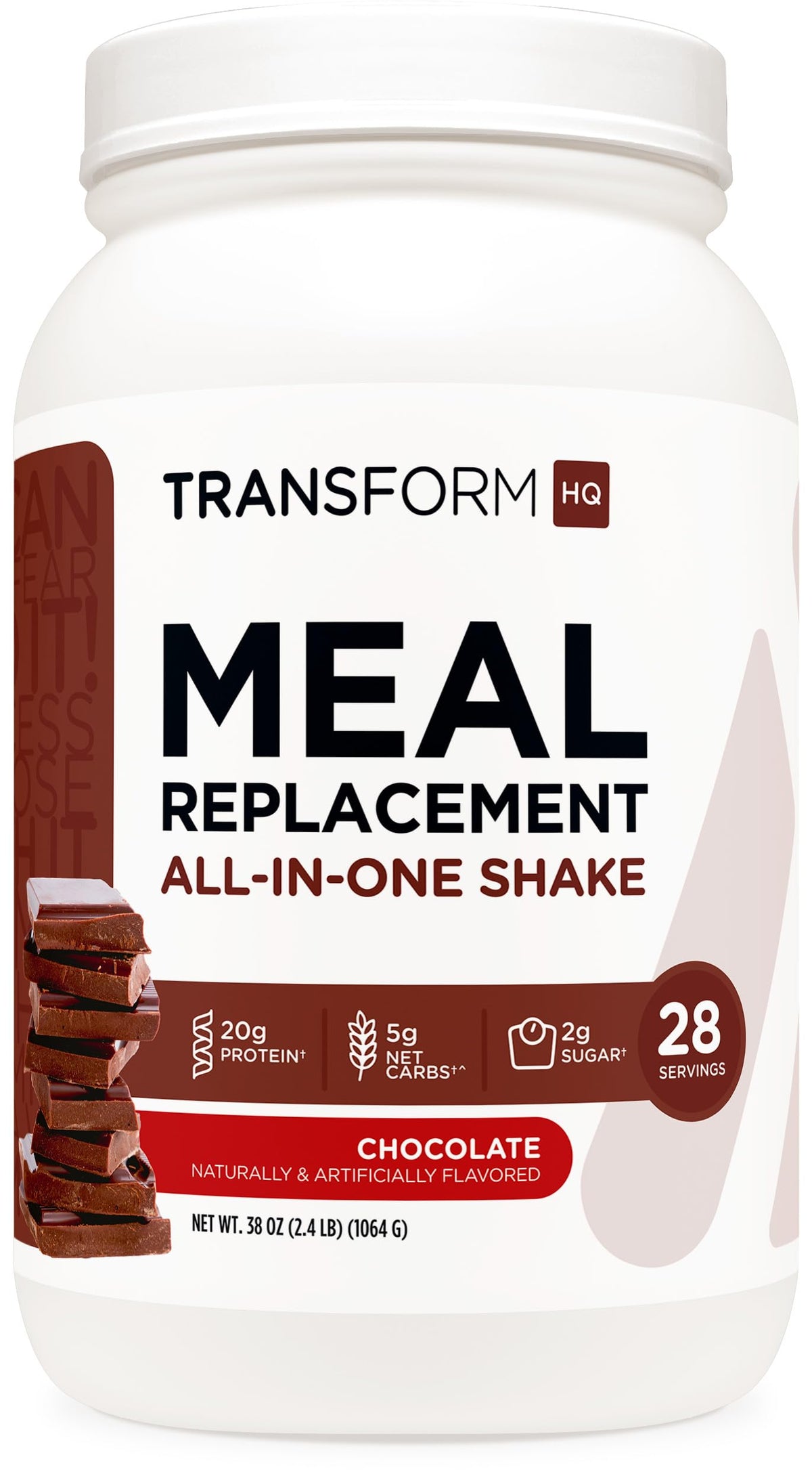 TransformHQ Meal Replacement Chocolate bottle label highlights gluten-free, non-GMO quality