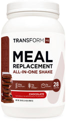 TransformHQ Meal Replacement Chocolate bottle label highlights gluten-free, non-GMO quality