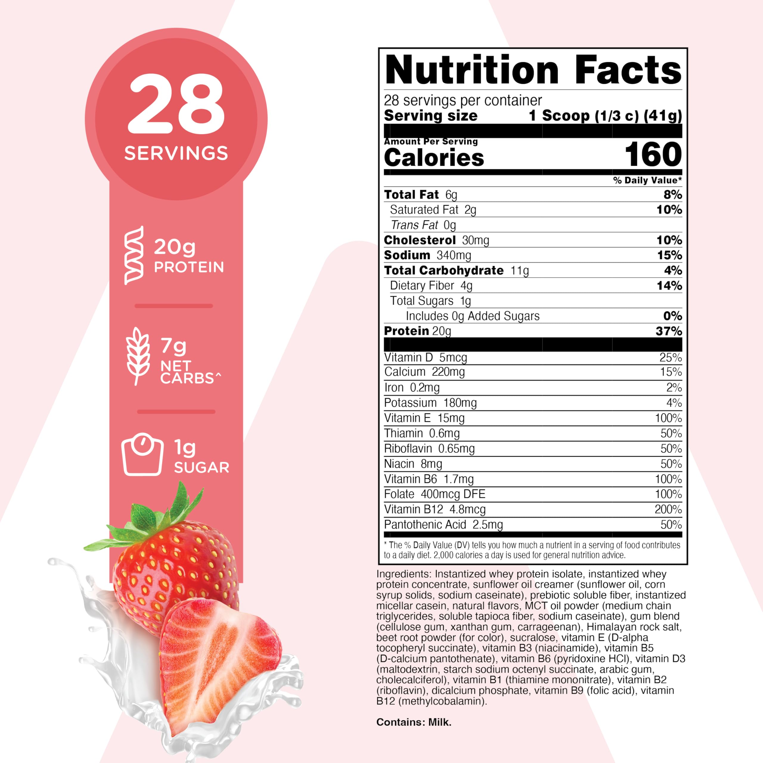 TransformHQ Meal Replacement Shake jar back view with nutrition highlights and gluten-free, non-GMO claims