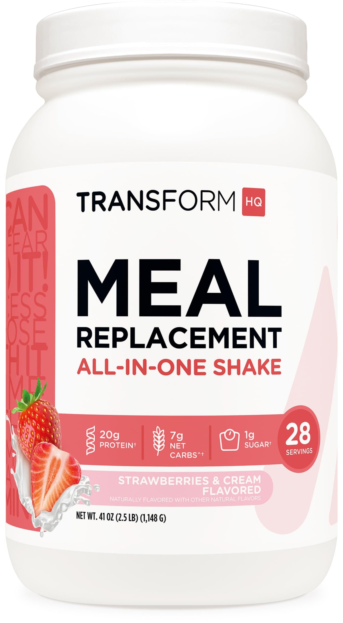 TransformHQ Meal Replacement Shake jar front view highlighting strawberry & cream flavor for quick, satisfying meals