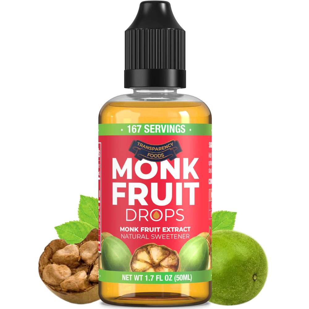 Transparency Foods monk fruit drops bottle showing 6 drops equals one teaspoon