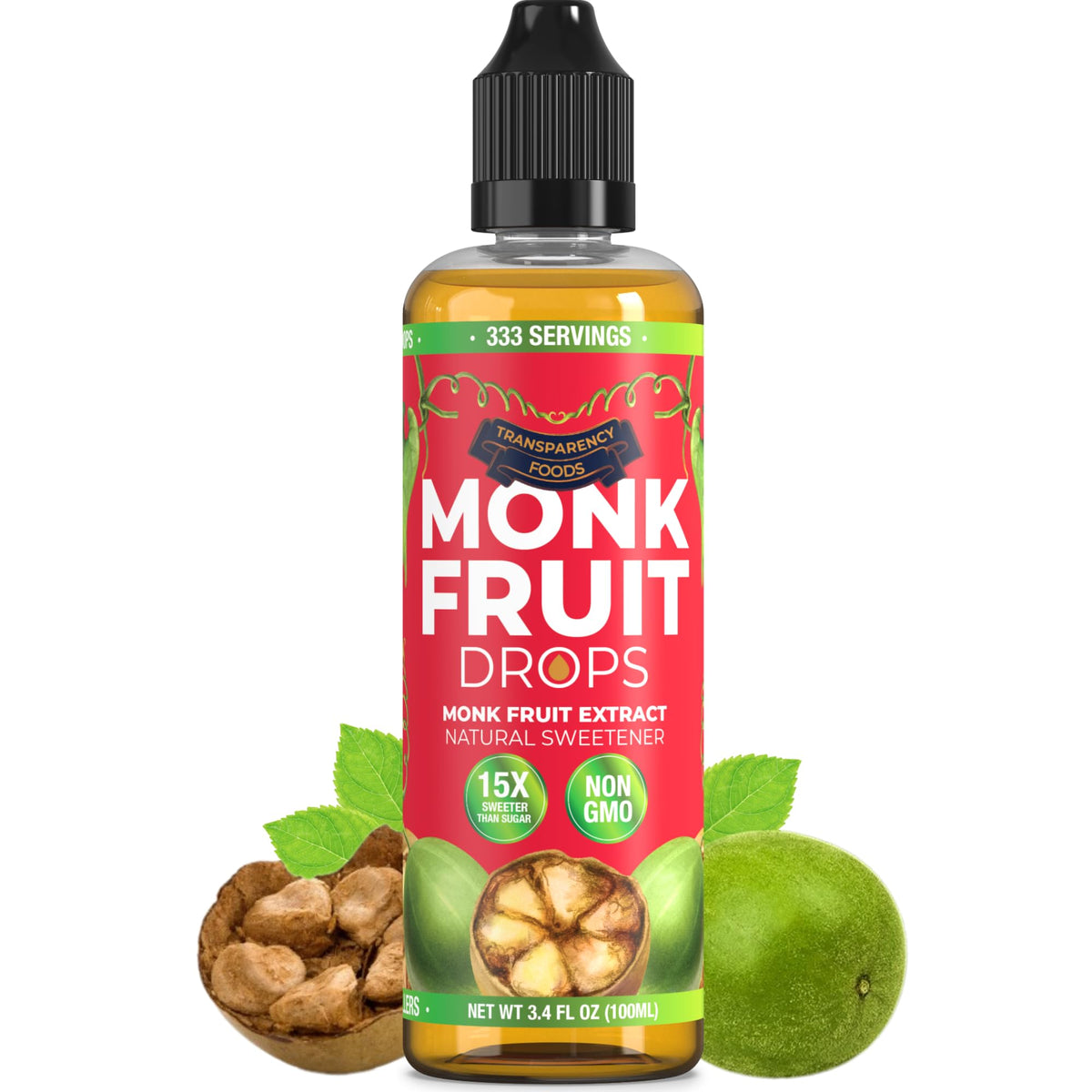Transparency Foods Monk Fruit Drops bottle-front showing zero-calorie sweetness for coffee