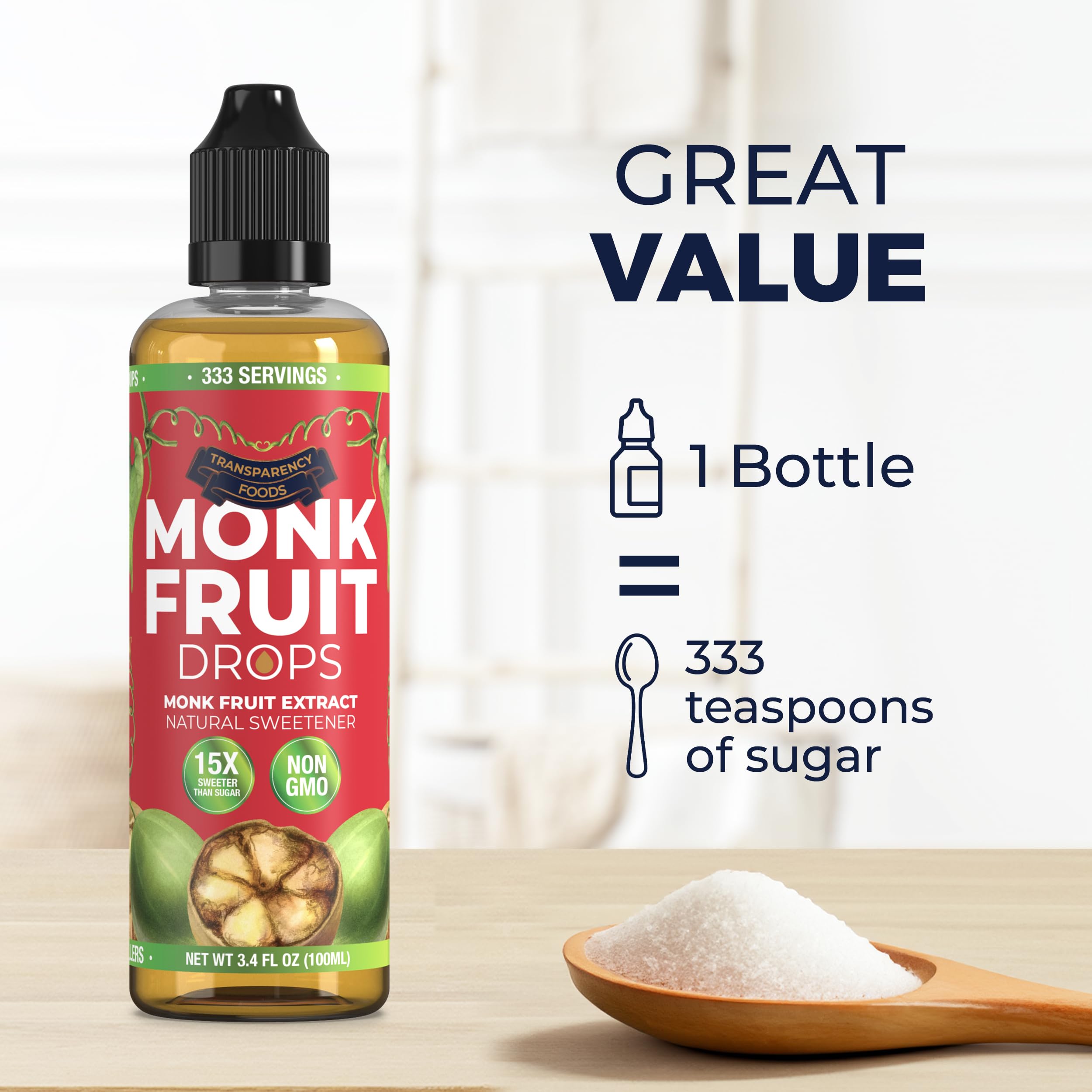 Transparency Foods Monk Fruit Drops label, NEW FORMULA with natural flavors