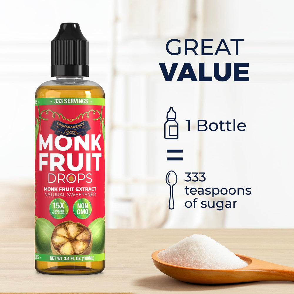 Transparency Foods Monk Fruit Drops label, NEW FORMULA with natural flavors