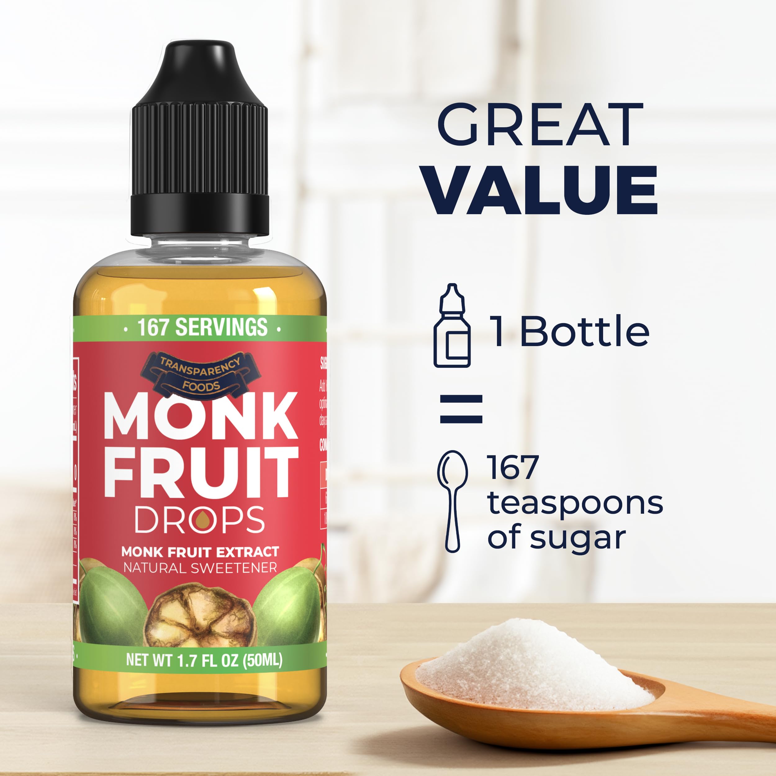 Premium quality sourcing shown on Transparency Foods monk fruit drops packaging