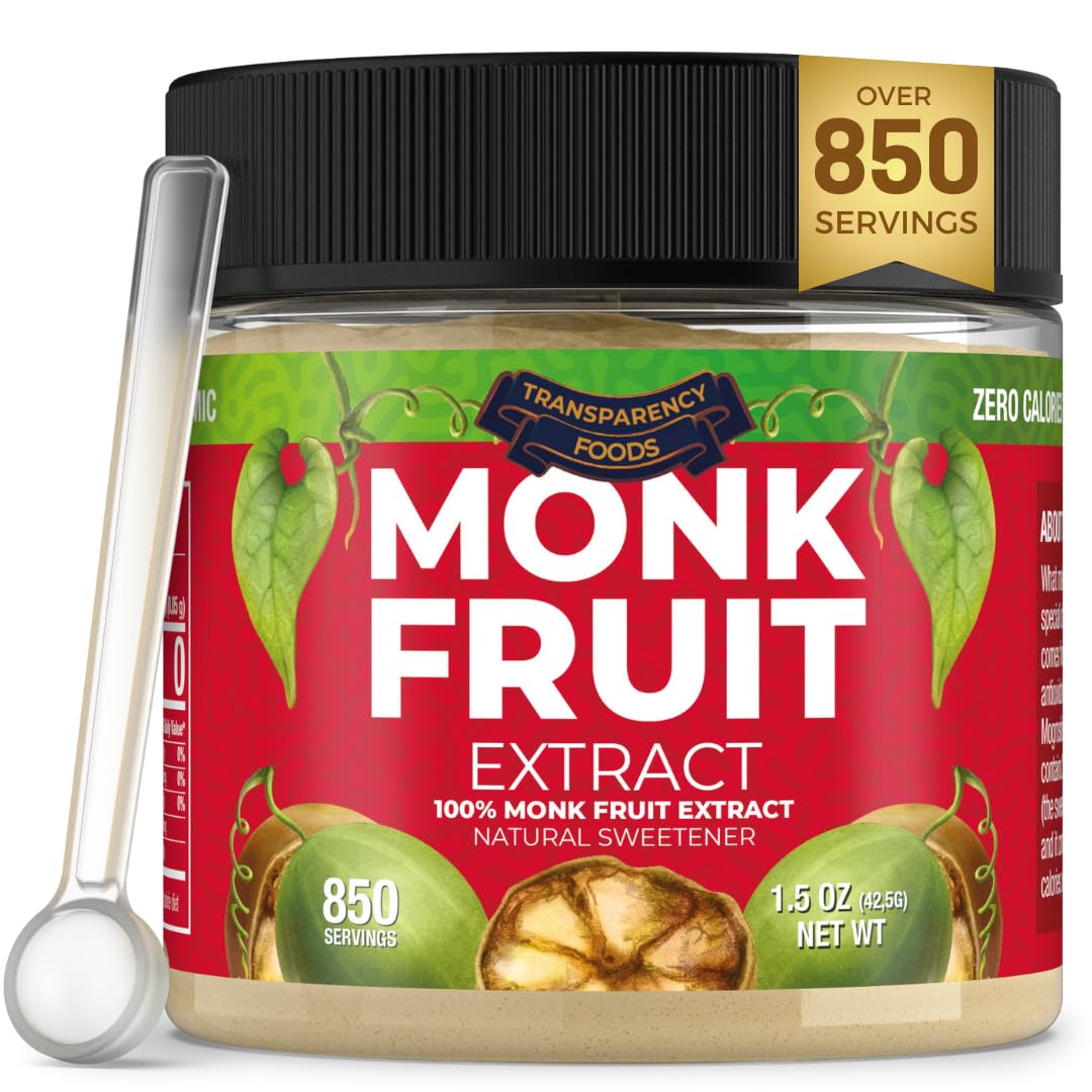 Transparency Foods monk fruit extract bottle shows pure additive free sweetness and zero calories
